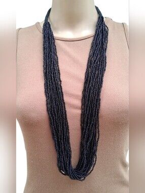 Vintage Multi Strand Black Seed Bead Long Layered Statement Necklace